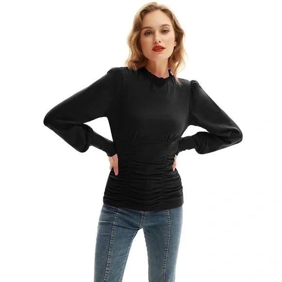 NWT Mock neck lantern sleeve ruched top blouse - Picture 1 of 8